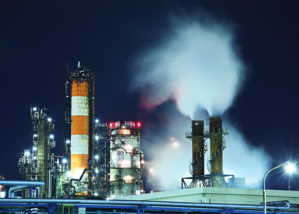 Oil and gas refinery at night